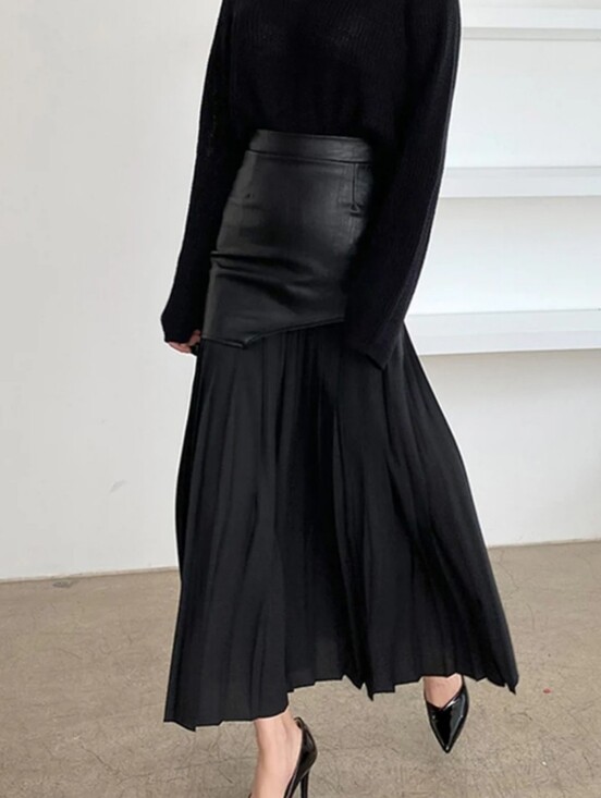 Commense Dresses & Skirts - Commense Asymmetric Faux Leather Pleated Maxi Skirt Black Large NWT